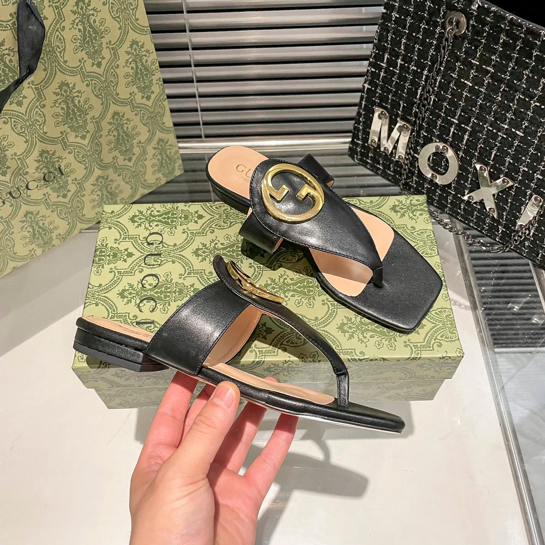 Fashion metal ring square-toe thong flat slides