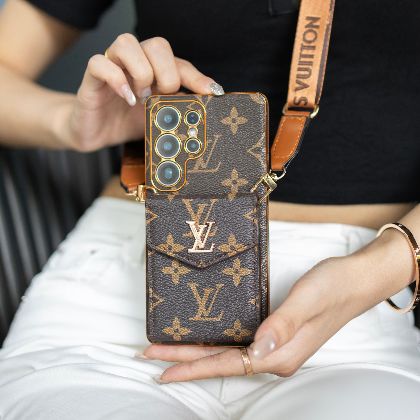 Luxury Classic Leather Samsung Case With Card Wallet And Strap