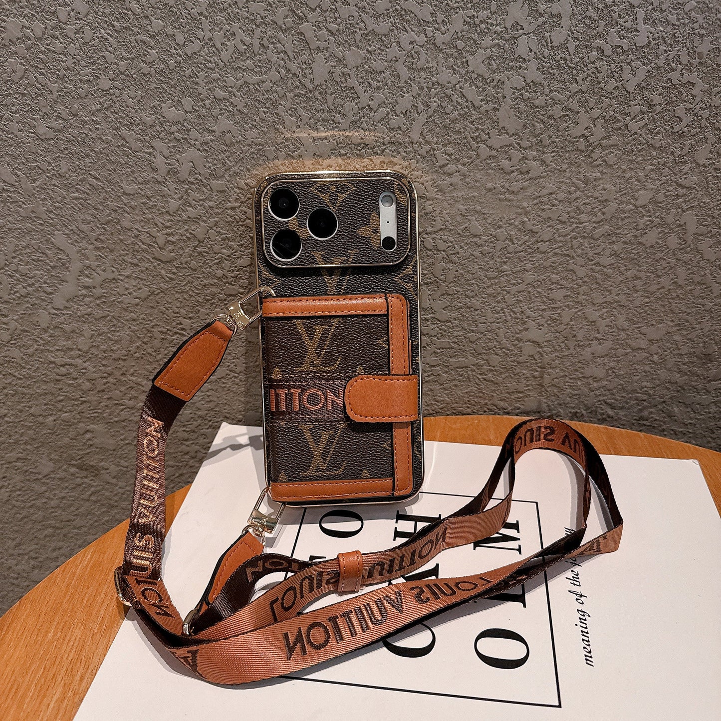 Vintage Monogram Crossbody iPhone Case with Flip Card Wallet