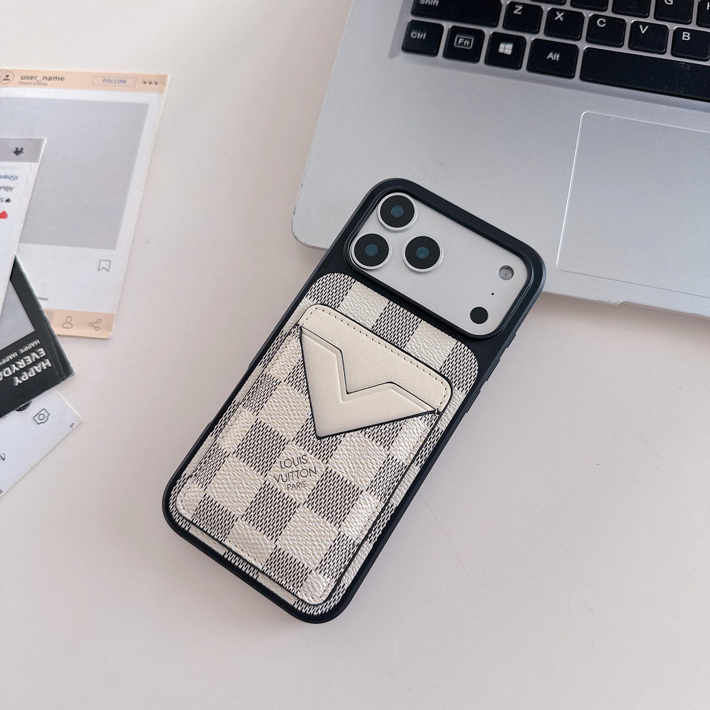 White Checkered Leather iPhone Case with V-Pocket Card Slot