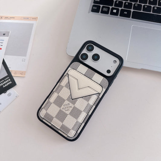 White Checkered Leather iPhone Case with V-Pocket Card Slot