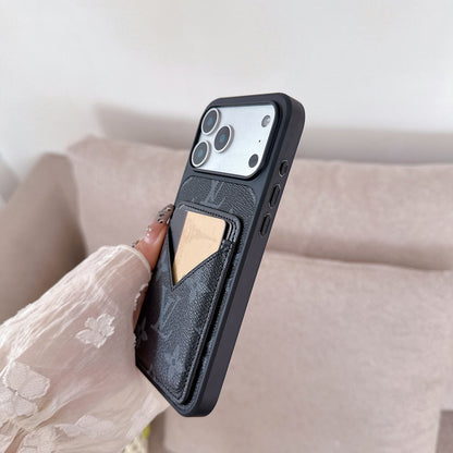 Black Monogram Leather iPhone Case with V-Pocket Card Slot