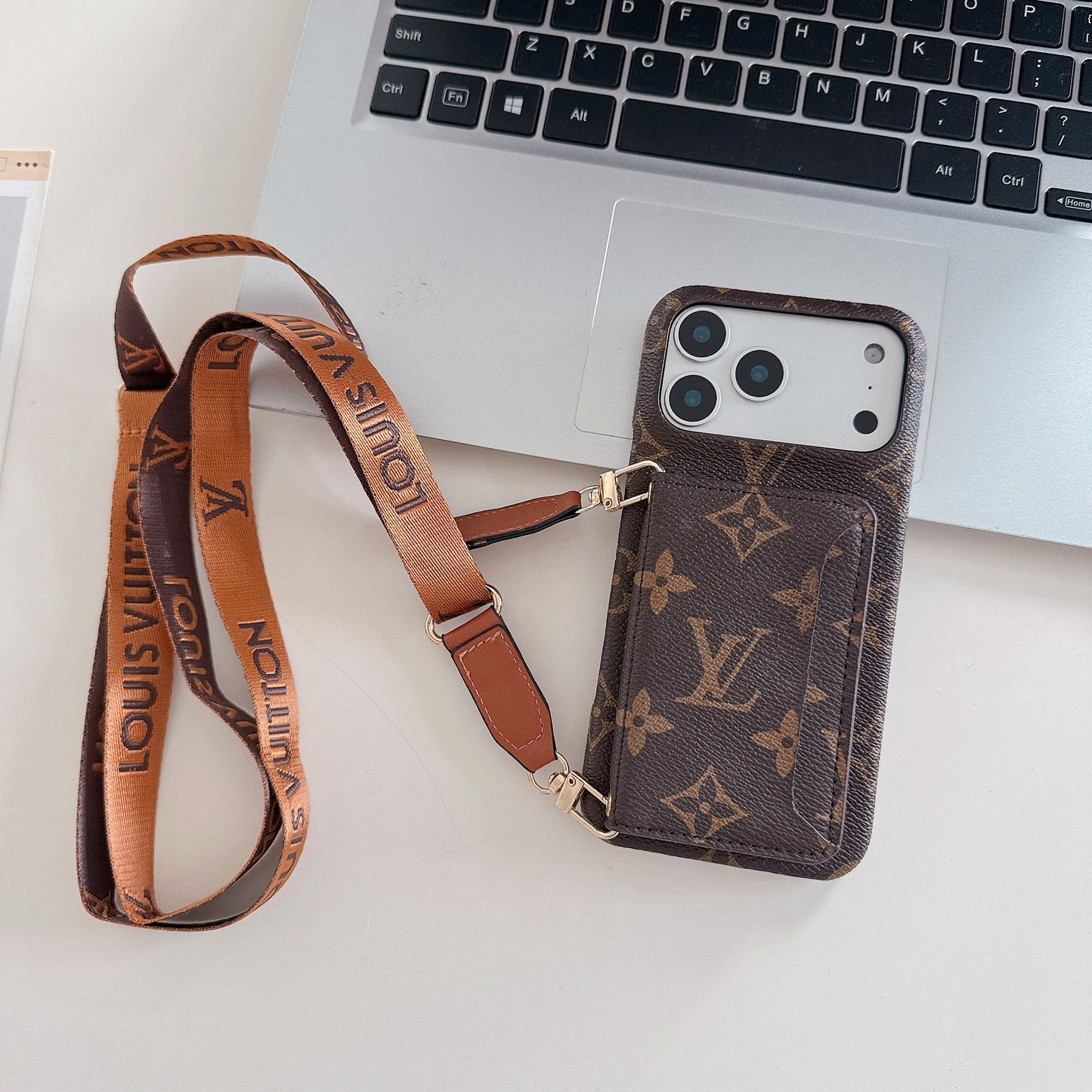 Brown Leather Monogram iPhone Crossbody iPhone Case