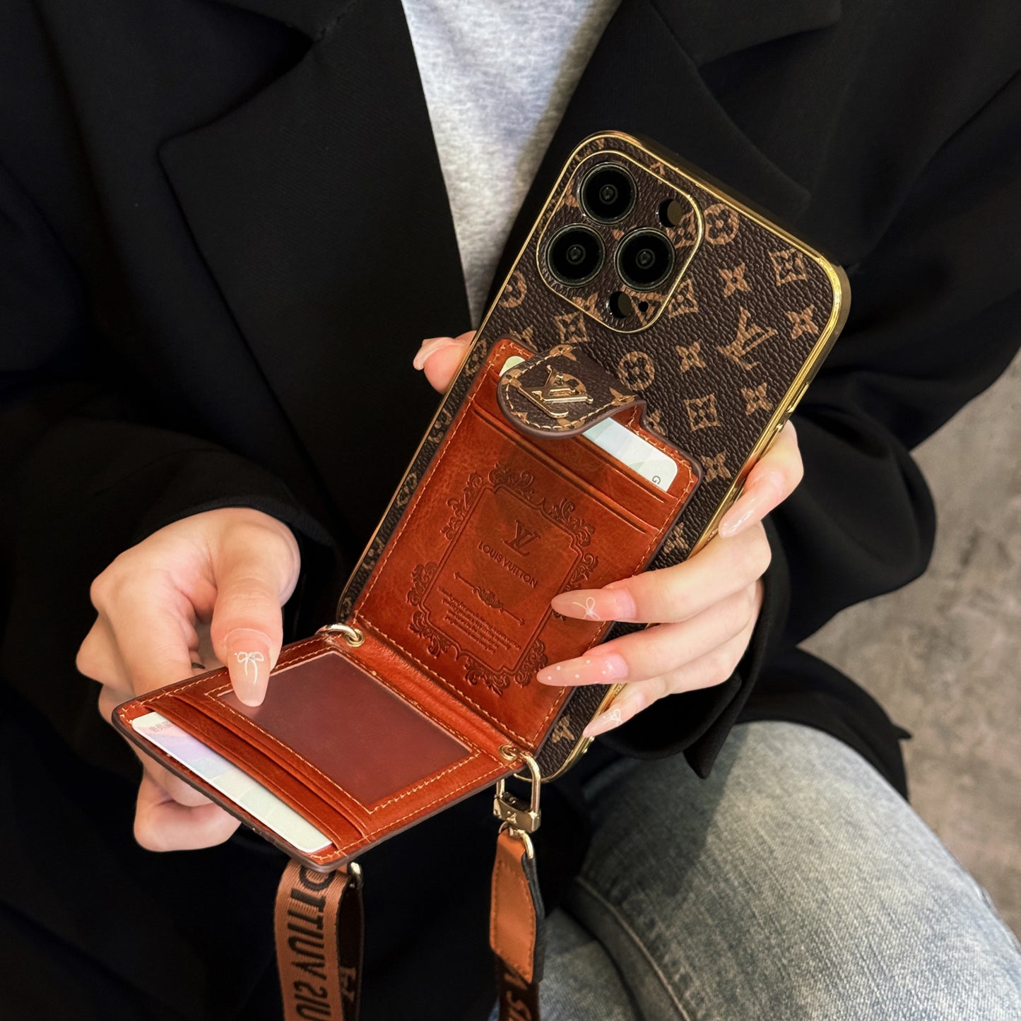 Vintage Monogram Crossbody Wallet iPhone Case with Card Holder