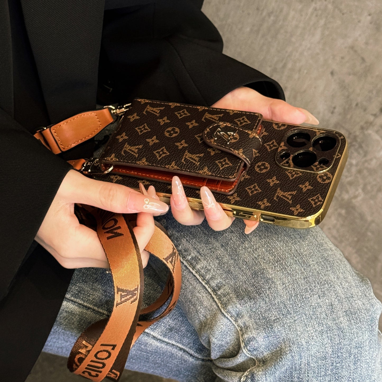 Vintage Monogram Crossbody Wallet iPhone Case with Card Holder
