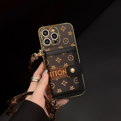 Vintage Monogram Crossbody iPhone Case with Flip Card Wallet