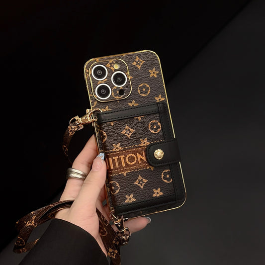 Vintage Monogram Crossbody iPhone Case with Flip Card Wallet