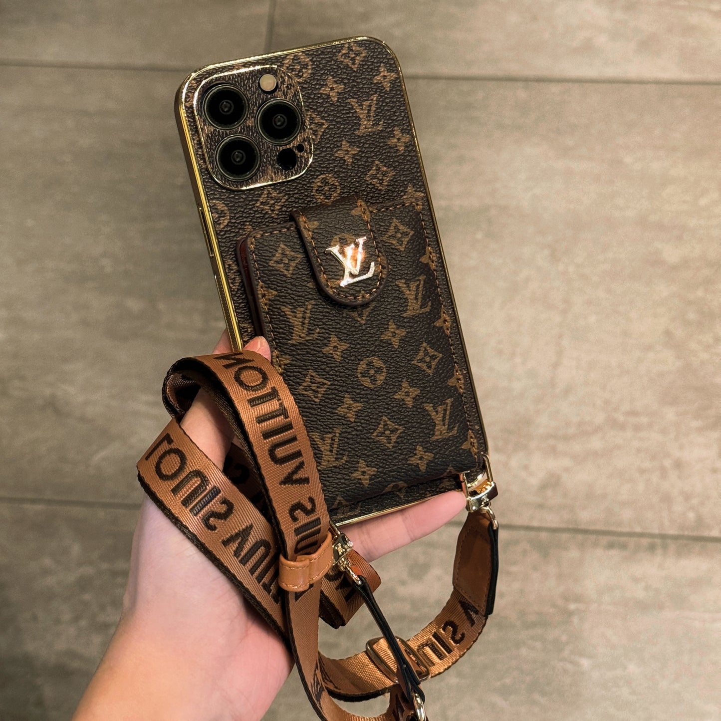 Vintage Monogram Crossbody Wallet iPhone Case with Card Holder