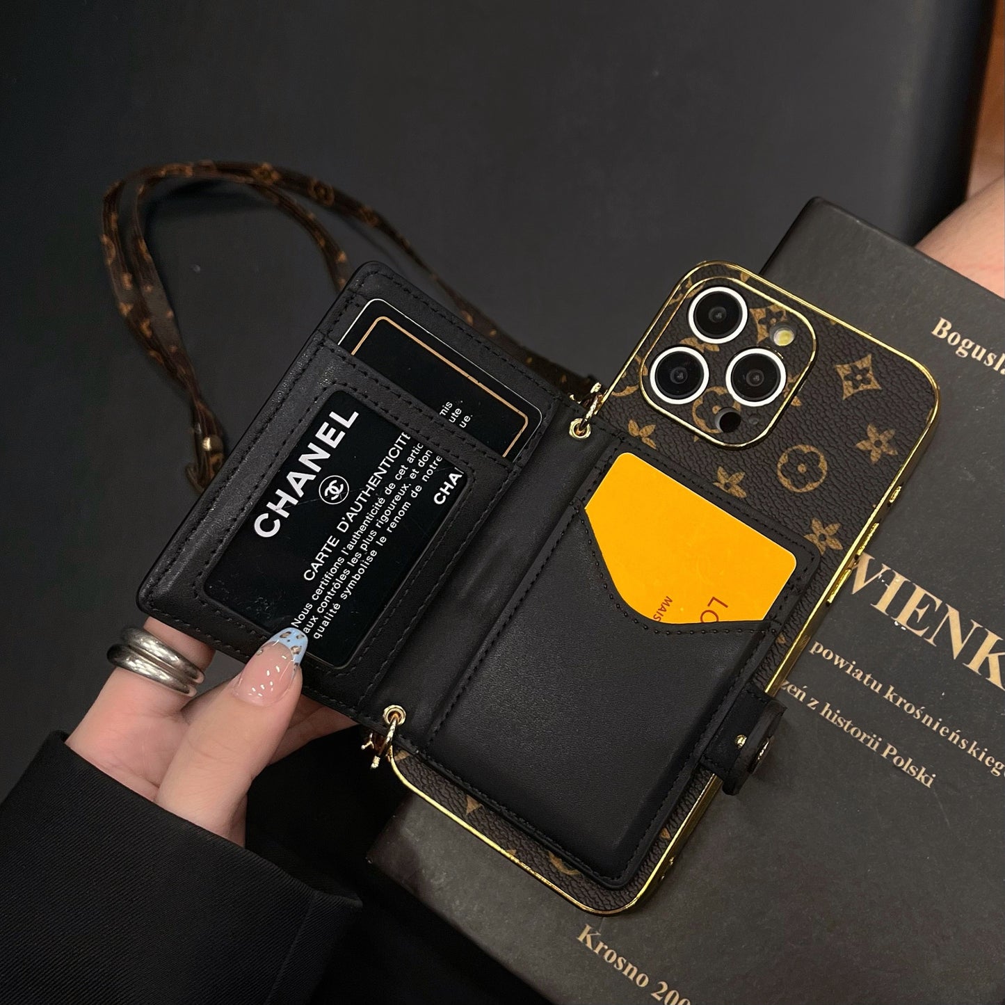 Vintage Monogram Crossbody iPhone Case with Flip Card Wallet