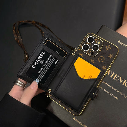 Vintage Monogram Crossbody iPhone Case with Flip Card Wallet