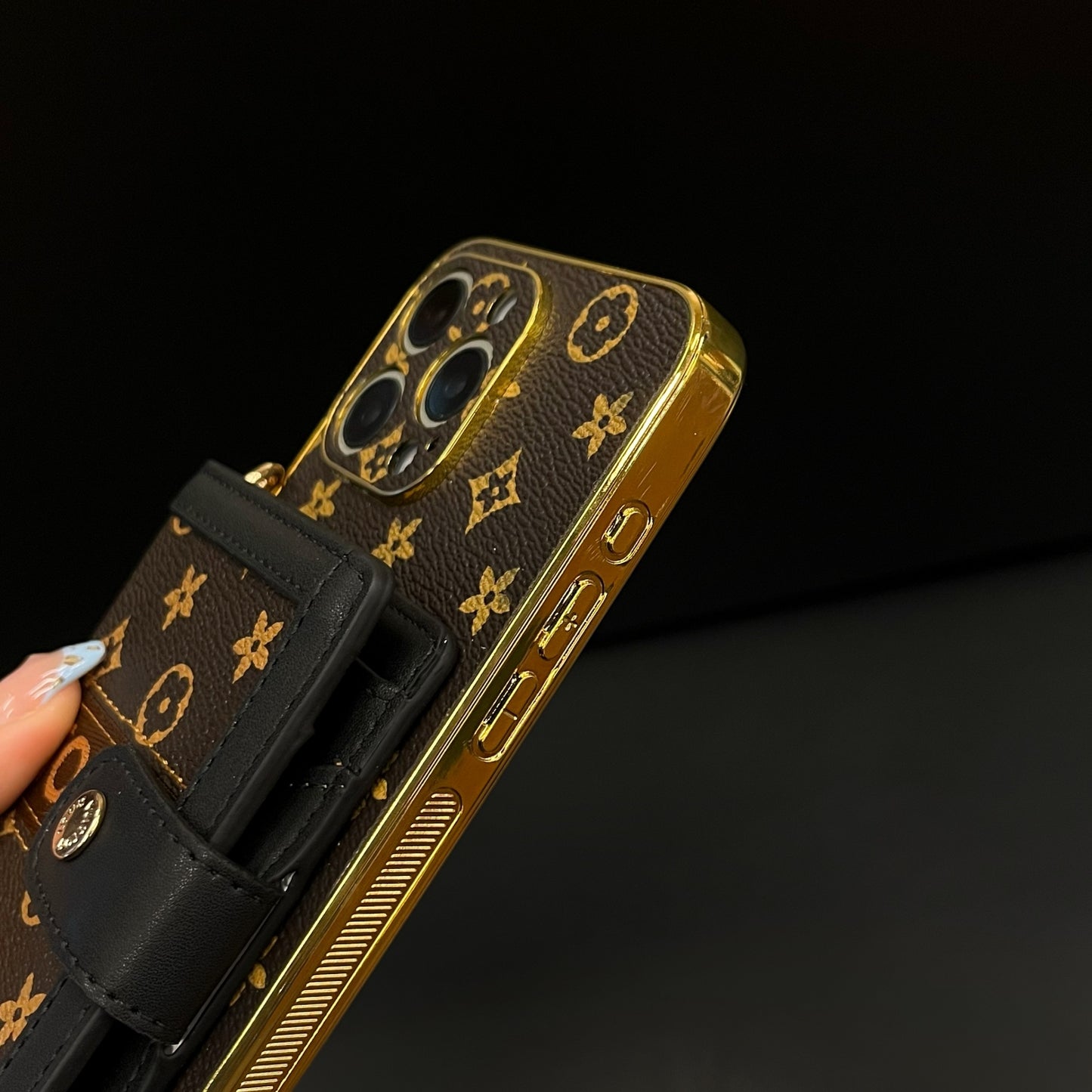 Vintage Monogram Crossbody iPhone Case with Flip Card Wallet